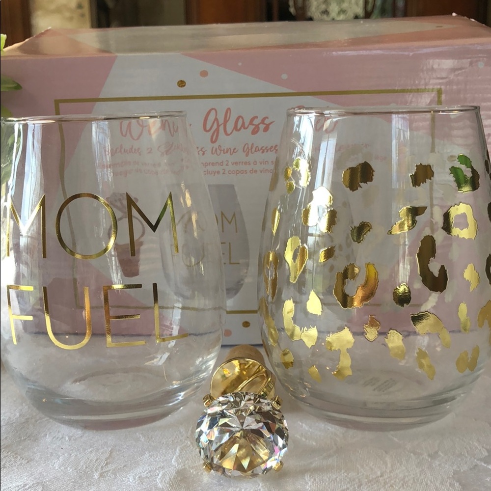 Mom Fuel Stemless Wine Glasses with Gold Lettering